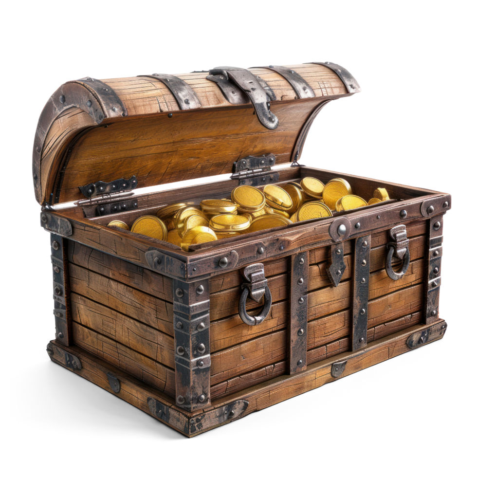 AI generated Open Pirate Treasure Chest with full of coins cutout PNG. wooden antique box isolated on transparent background. png