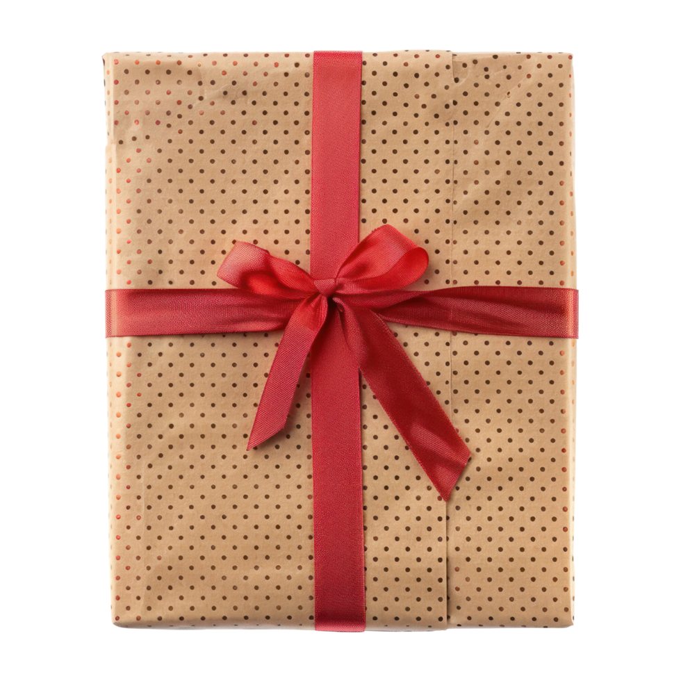 AI generated Brown paper Wrapped Parcel Gift Box with Red Ribbon isolated on transparent background png