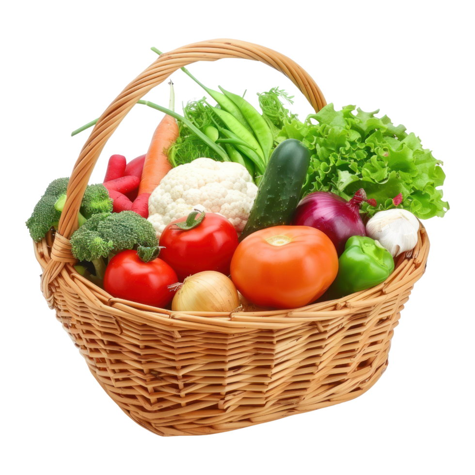 AI generated Fresh Vegetables in Wicker Basket Isolated on Transparent Background.  Basket Overflowing with Vegetables Cutout PNG