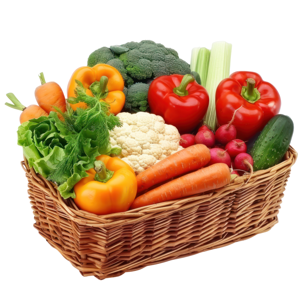 AI generated Fresh Vegetables in Wicker Basket Isolated on Transparent Background.  Basket Overflowing with Vegetables Cutout PNG