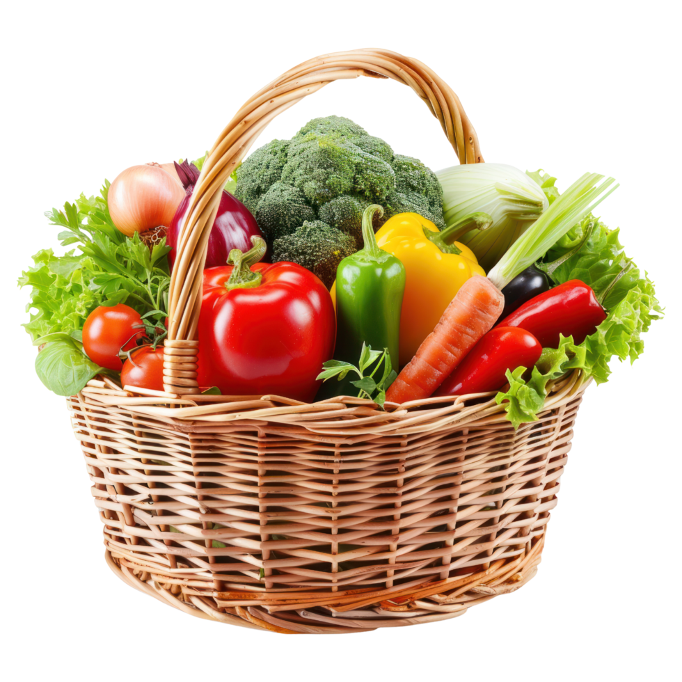 AI generated Fresh Vegetables in Wicker Basket Isolated on Transparent Background.  Basket Overflowing with Vegetables Cutout PNG