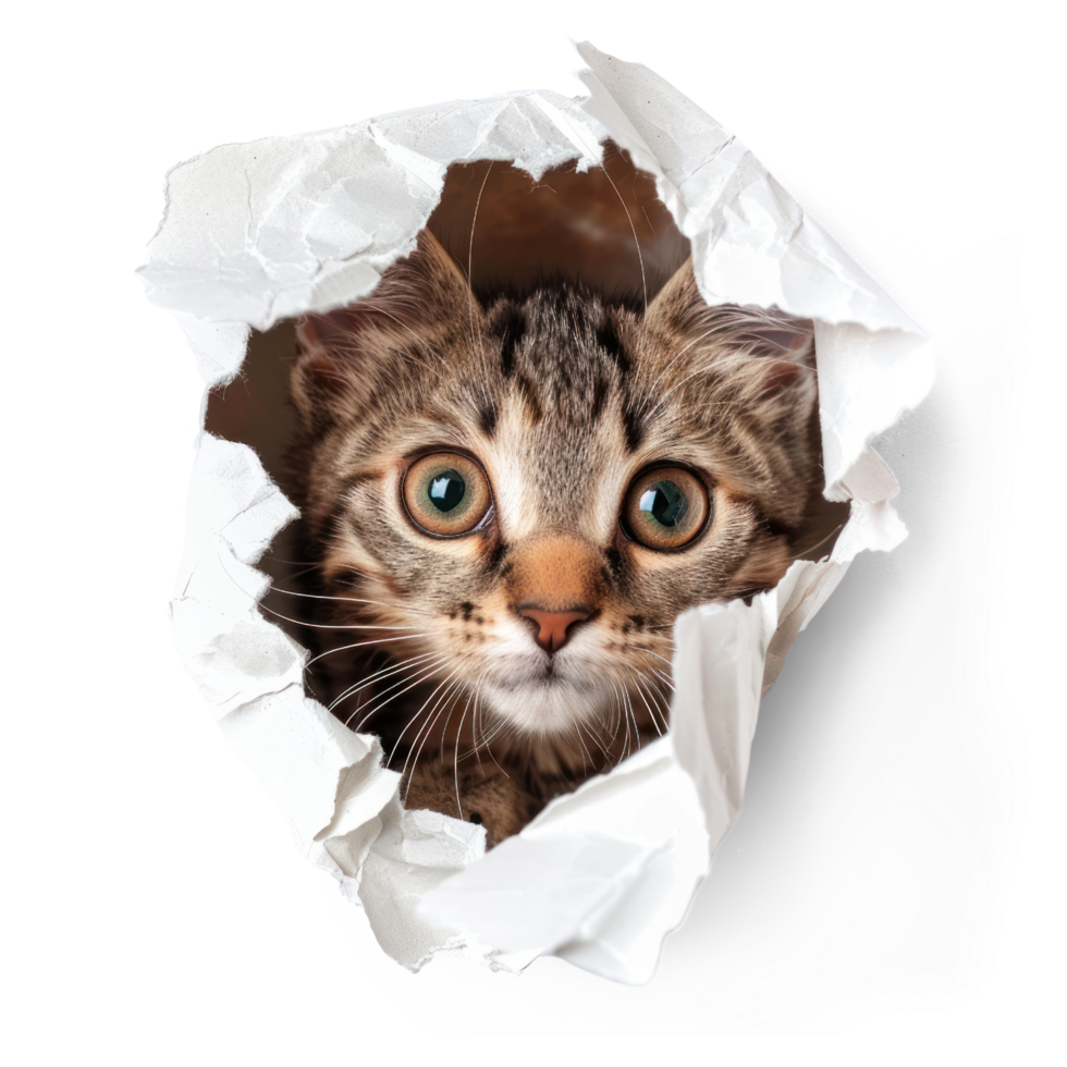 AI generated Playful Cat in Torn Paper Hole. Cat Peeking Through Paper Transparent Cutout png