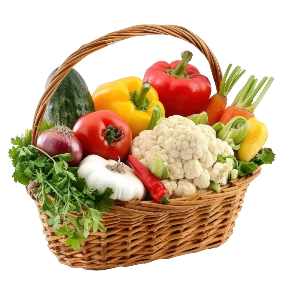 AI generated Fresh Vegetables in Wicker Basket Isolated on Transparent Background.  Basket Overflowing with Vegetables Cutout PNG