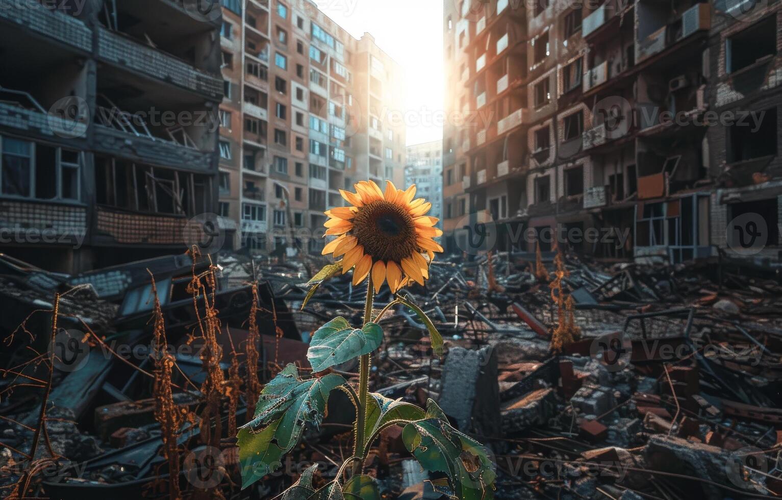 ai generado girasol creciente en el medio de el destruido ciudad foto