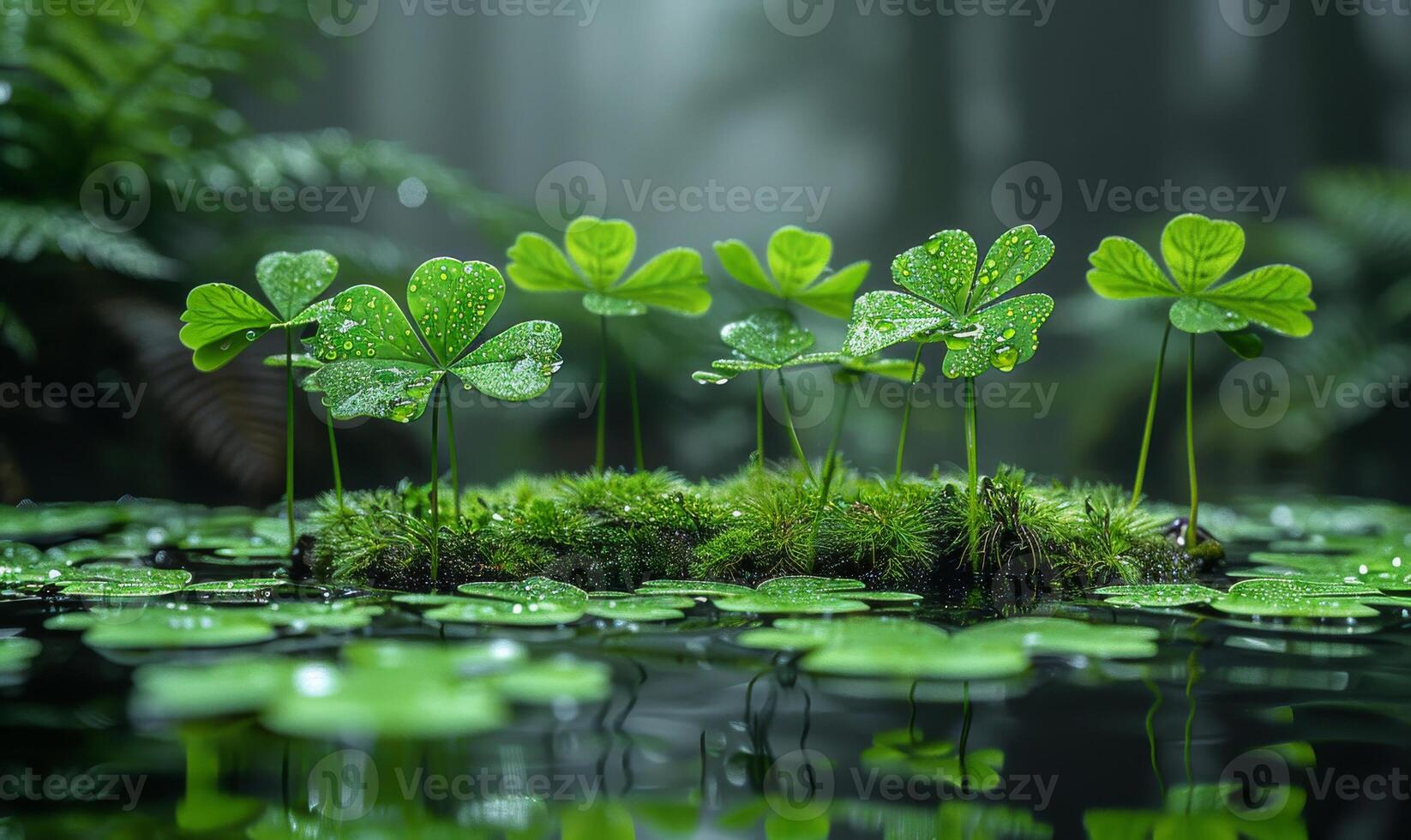 AI generated Lucky clover growing on mossy rock over pond of water with forest in the background photo