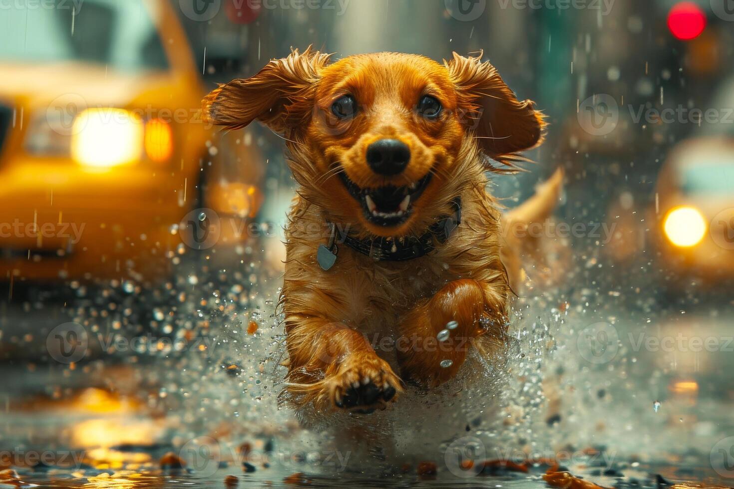 ai generado perro tejonero corriendo en el lluvia. un perro tejonero corriendo pasado el en el ciudad arquitectura foto