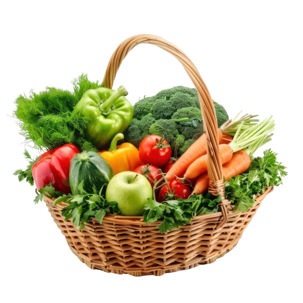 AI generated Fresh Vegetables in Wicker Basket Isolated on Transparent Background.  Basket Overflowing with Vegetables Cutout PNG