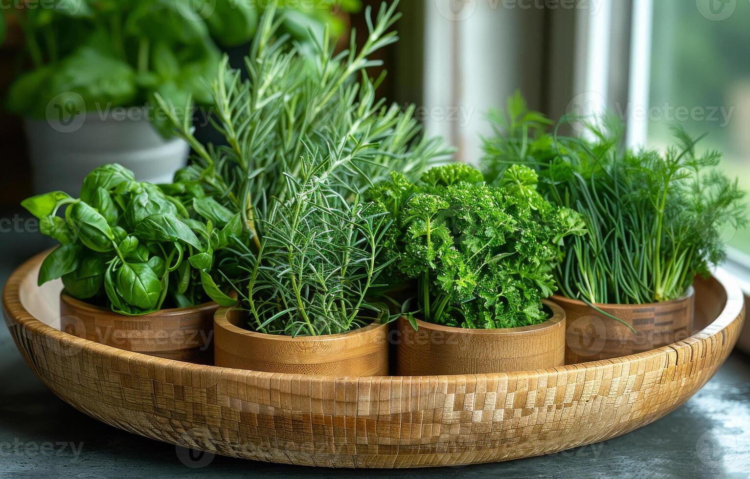 AI generated Fresh herbs in wooden bowl. A fresh herbs displayed on a platter photo