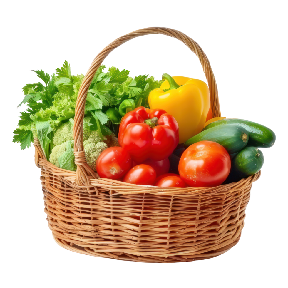 AI generated Fresh Vegetables in Wicker Basket Isolated on Transparent Background.  Basket Overflowing with Vegetables Cutout PNG