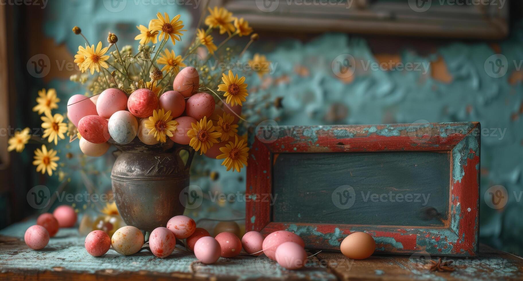 AI generated Easter eggs and flowers on wooden table. A bunch of colored eggs in glasses photo