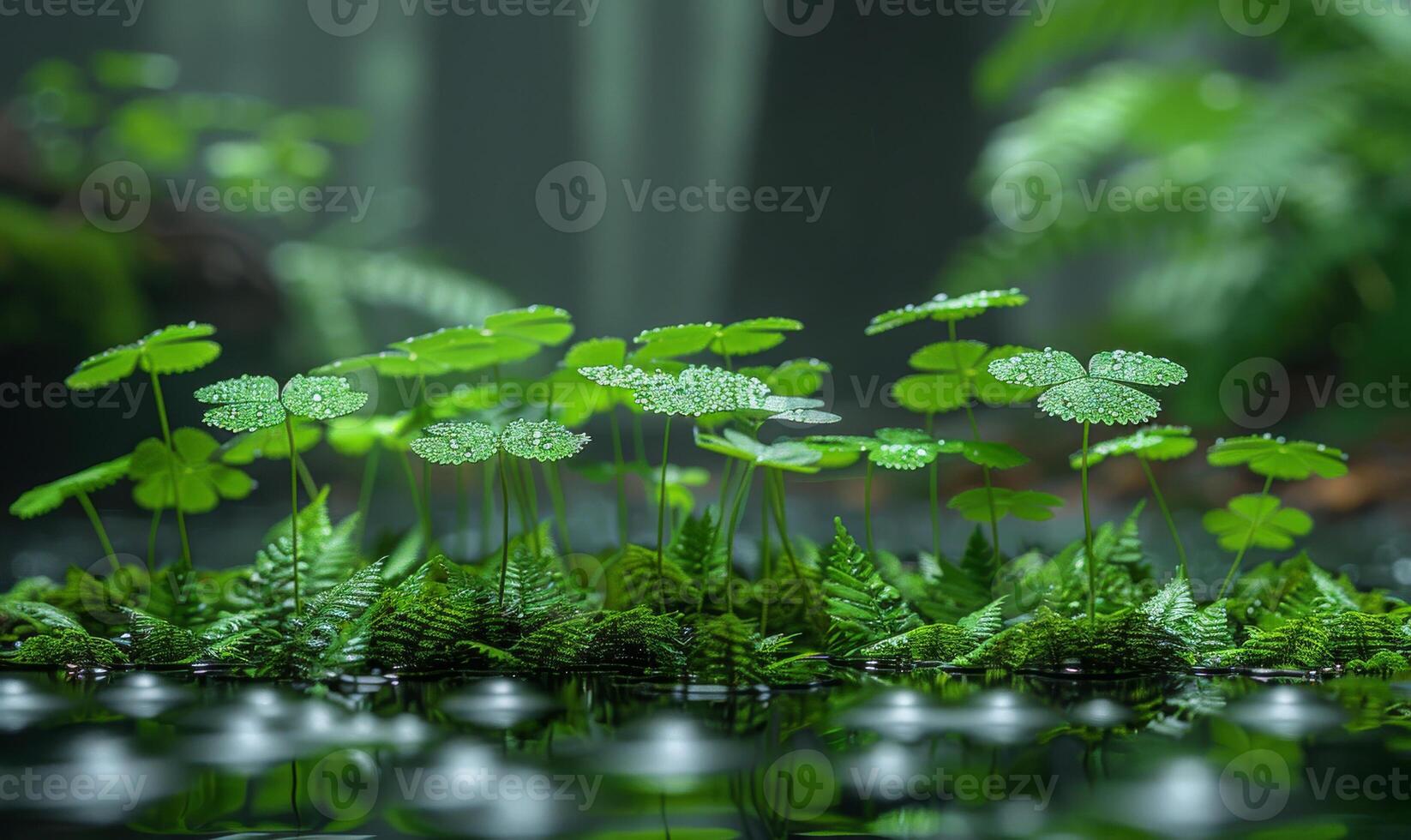 AI generated Beautiful green moss and grass with fresh bright green leaves in forest with soft focus and smooth bokeh background photo