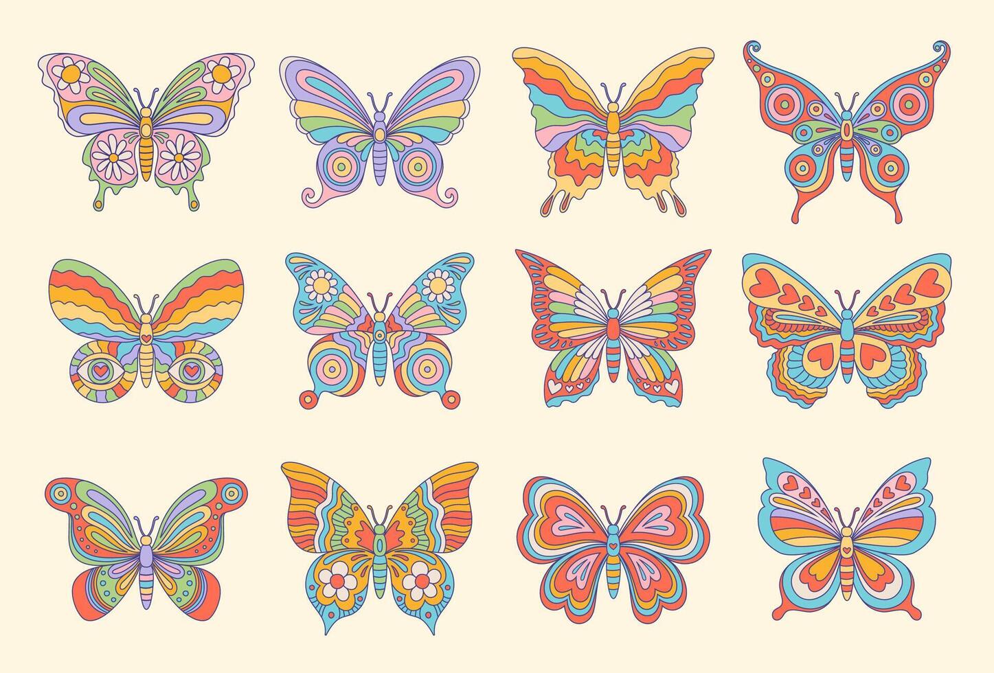 Groovy hippie butterfly insect in retro boho style vector