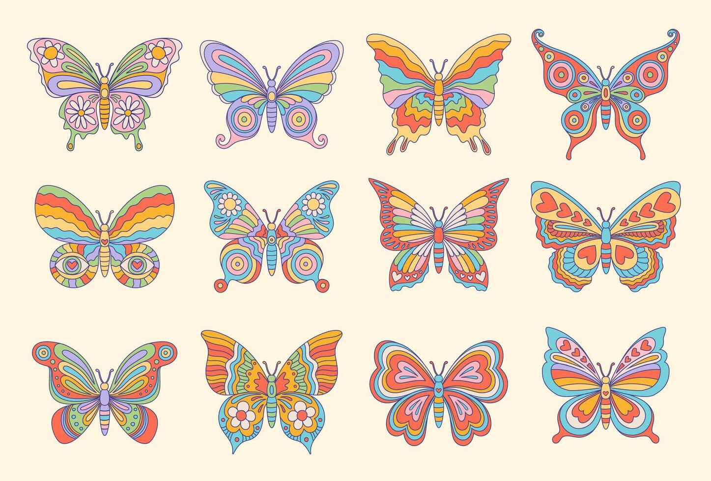 maravilloso hippie mariposa insecto en retro boho estilo vector