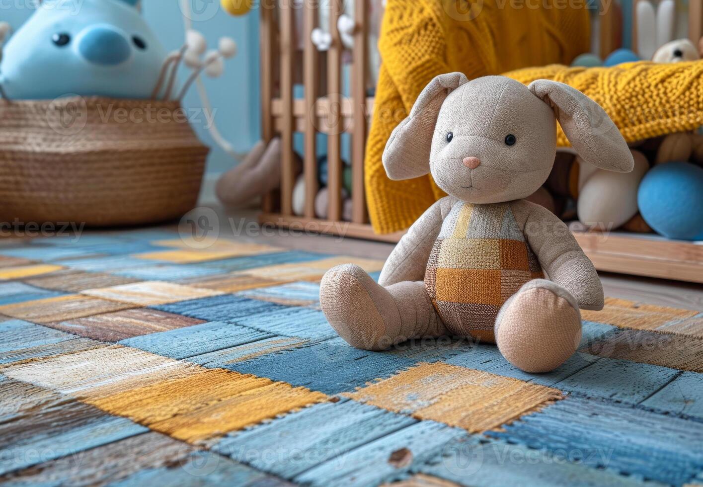 AI generated Toy bunny sits on blue and yellow rug in baby room. photo