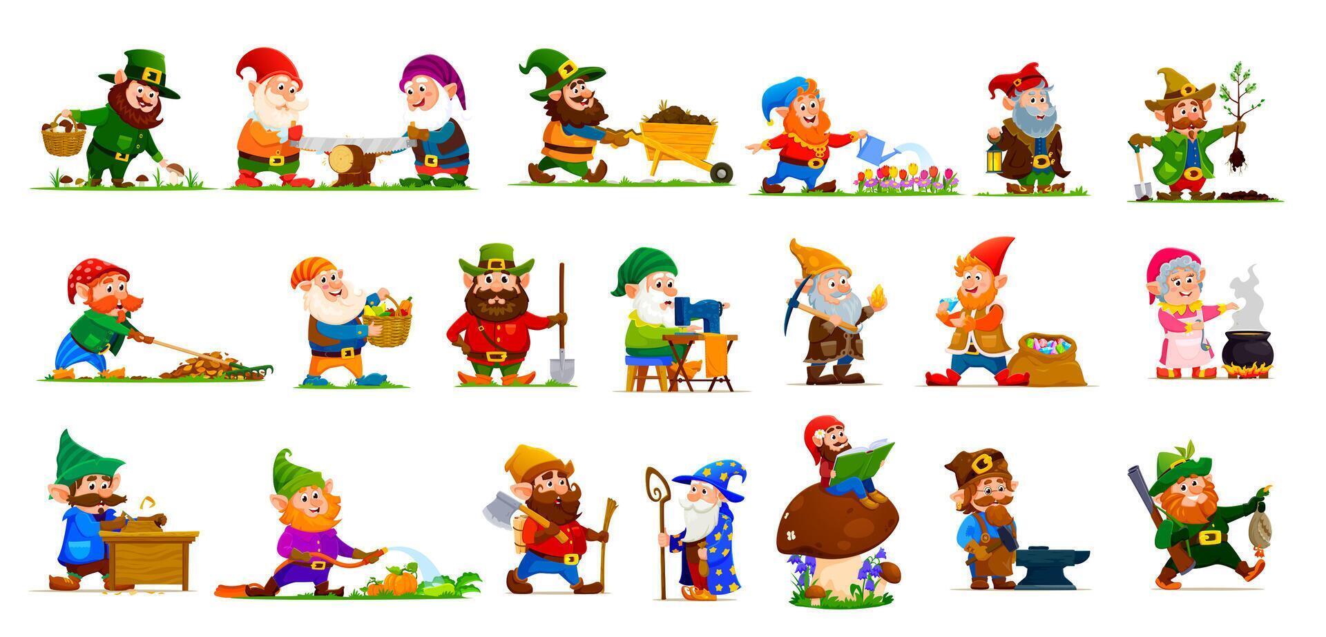 Cartoon cute garden gnome or dwarf characters vector