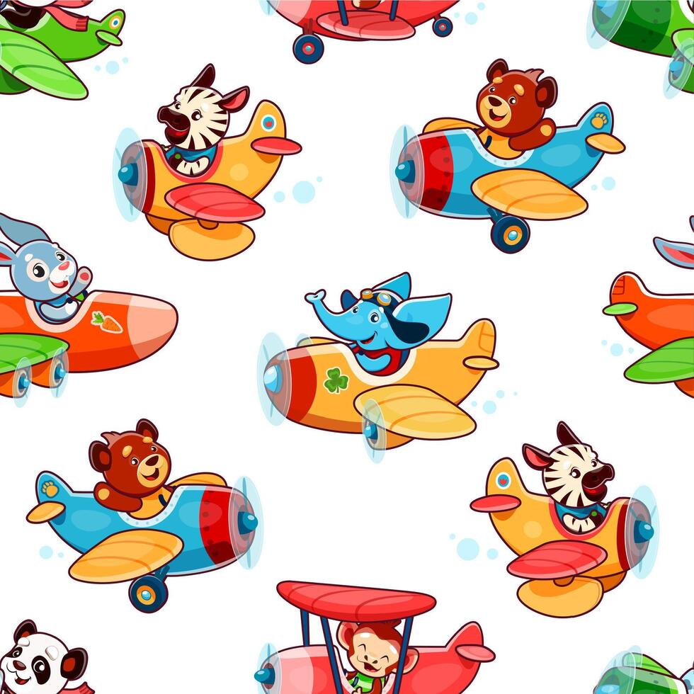 Cartoon animal character on plane seamless pattern vector