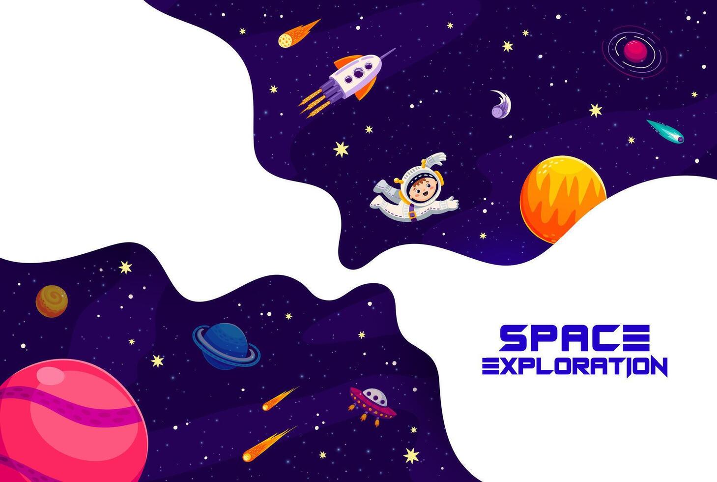 Space exploration banner, kid astronaut in galaxy vector