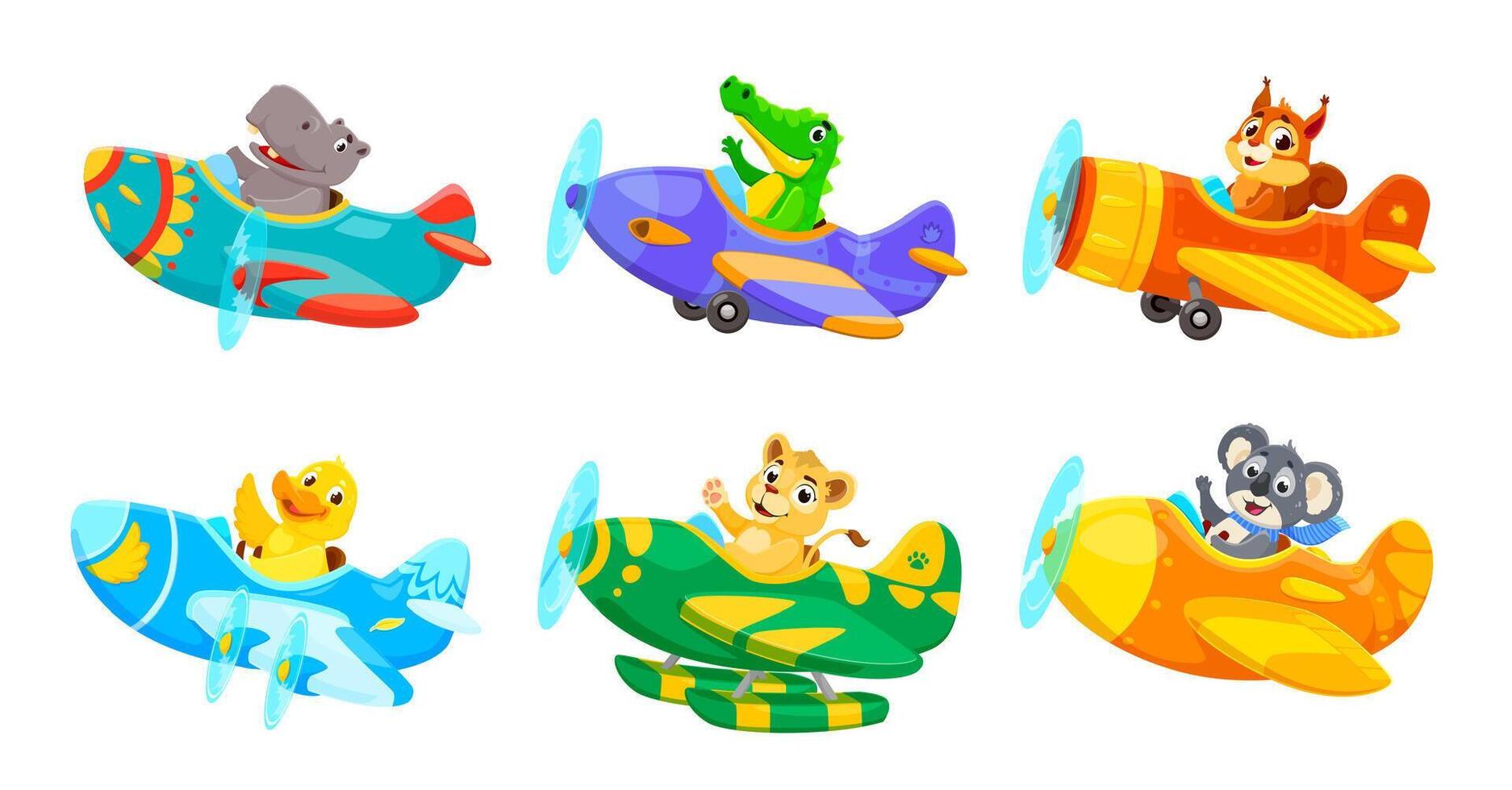 Baby animal characters on planes, cartoon airplane vector