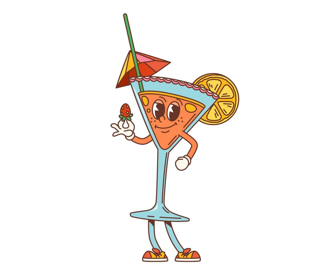 Retro cartoon groovy party cocktail character vector
