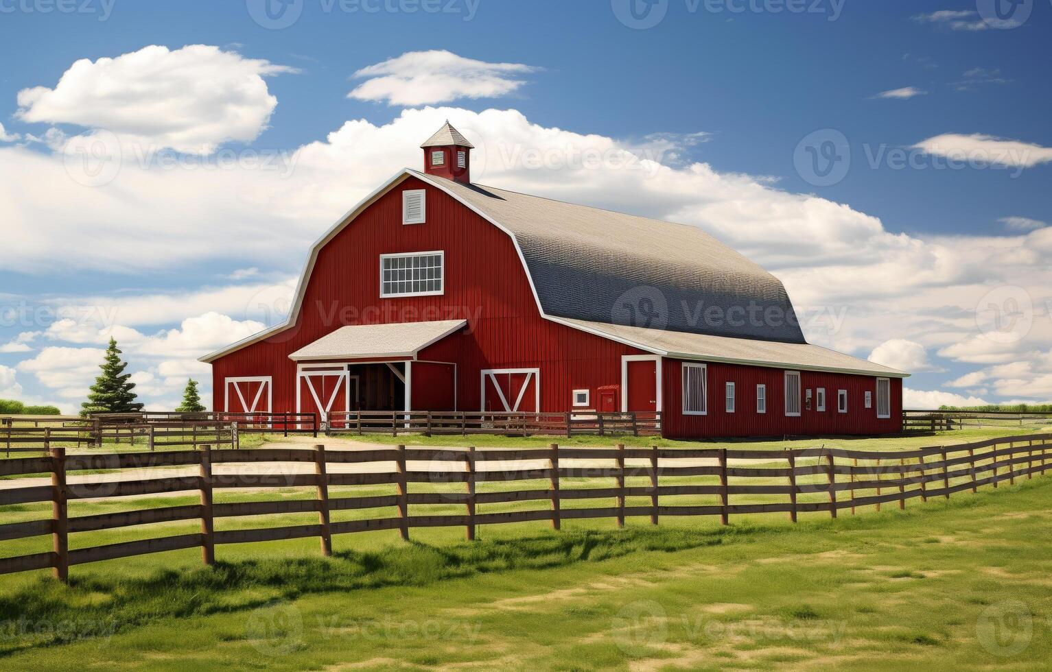 AI generated Red horse barn and stable on farm with green grass and clouds in the sky photo