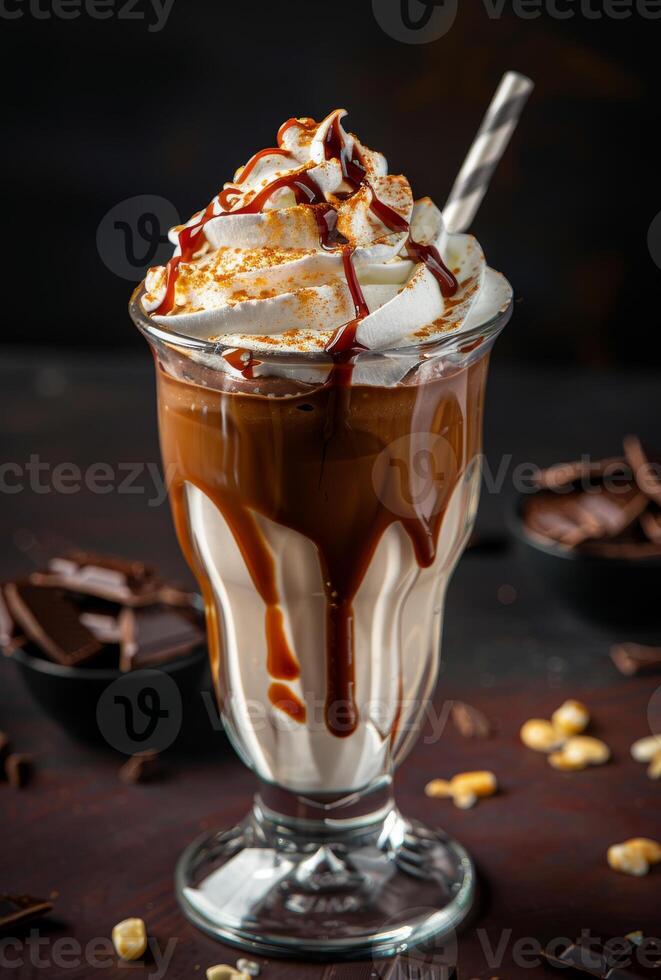 AI generated Delicious ice cream sundae with whipped cream chocolate sauce and caramel topping in tall glass photo