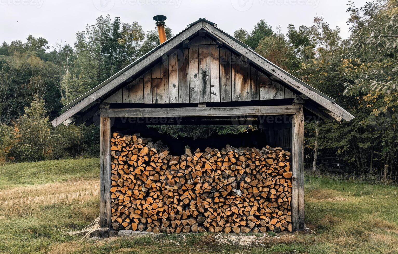 AI generated Wooden shed is filled with firewood in the countryside photo