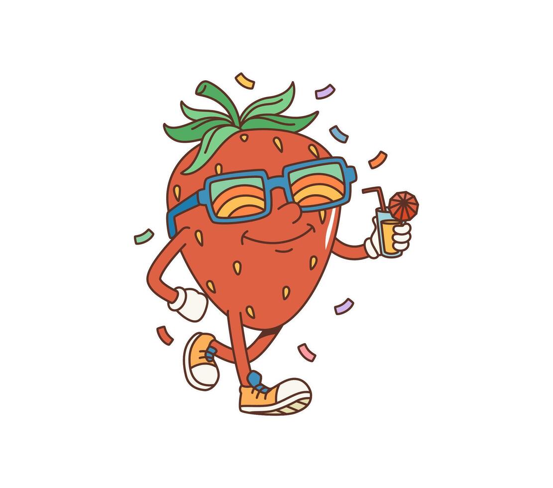 Cartoon retro strawberry groovy character, hippie vector