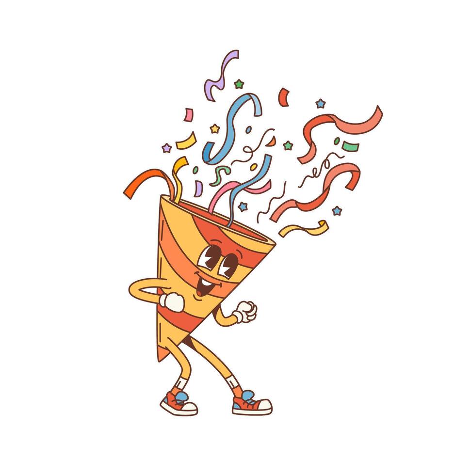 Retro cartoon groovy party popper funny character vector
