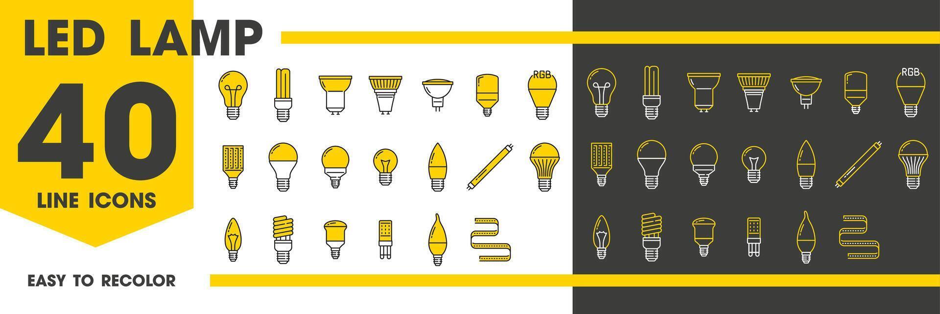 Led and light bulb lamps line icons vector set