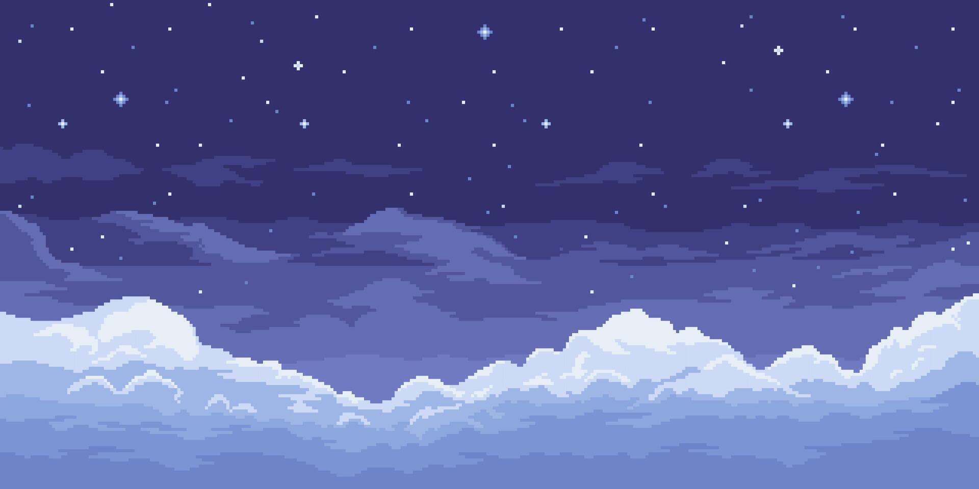 8 bits píxel Arte noche cielo, juego espacio paisaje vector