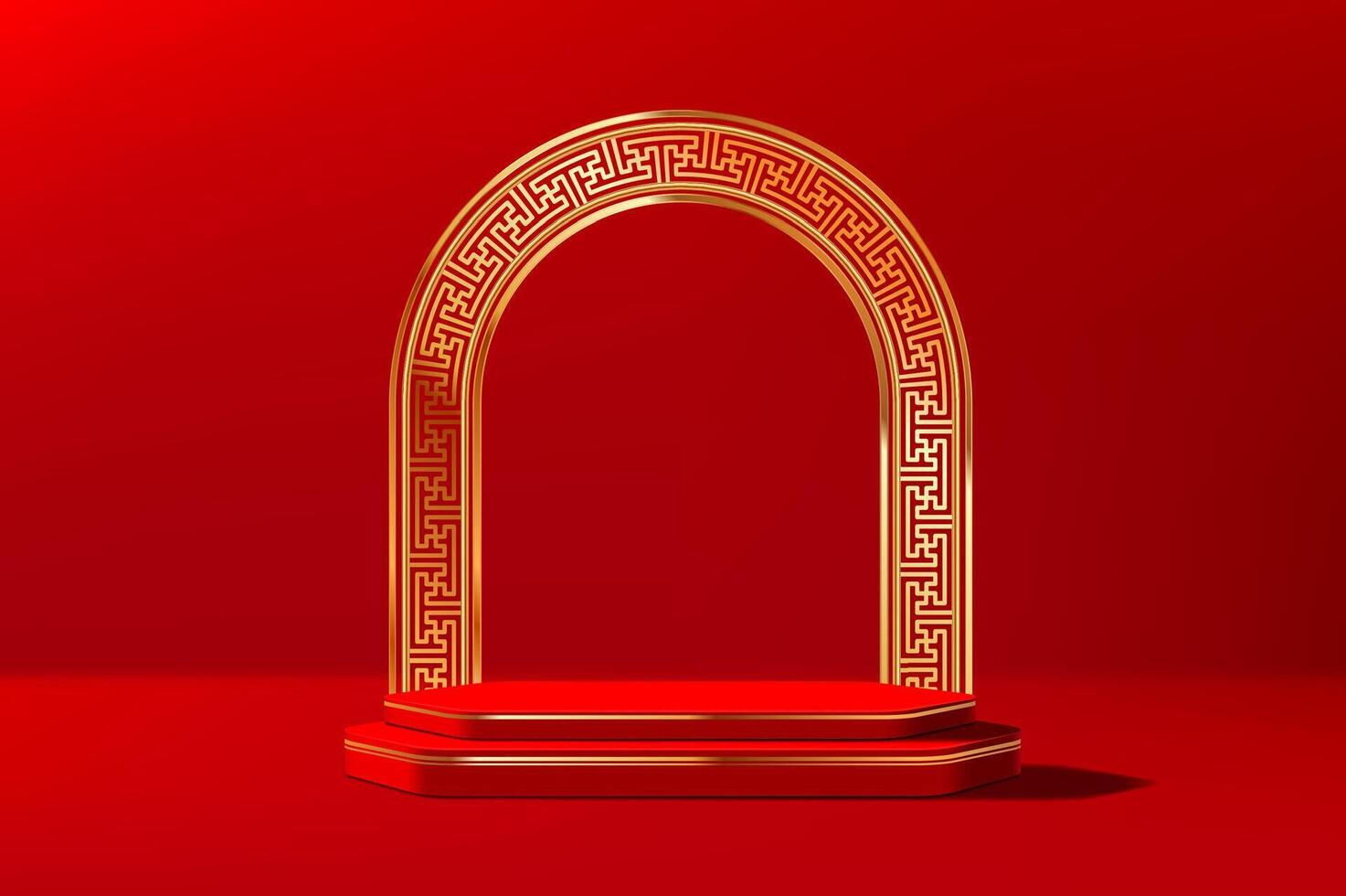 Red luxury Chinese podium with golden pattern arch vector