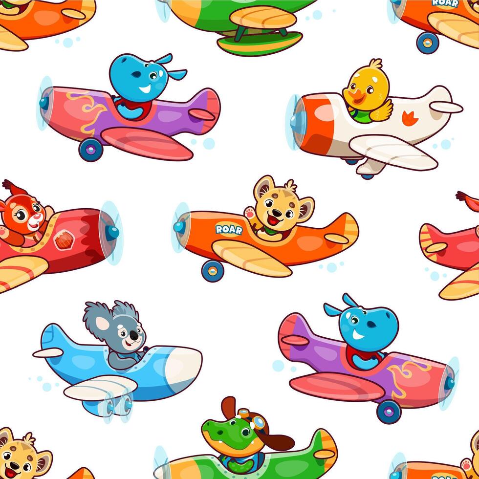 Cartoon baby animals on planes seamless pattern vector
