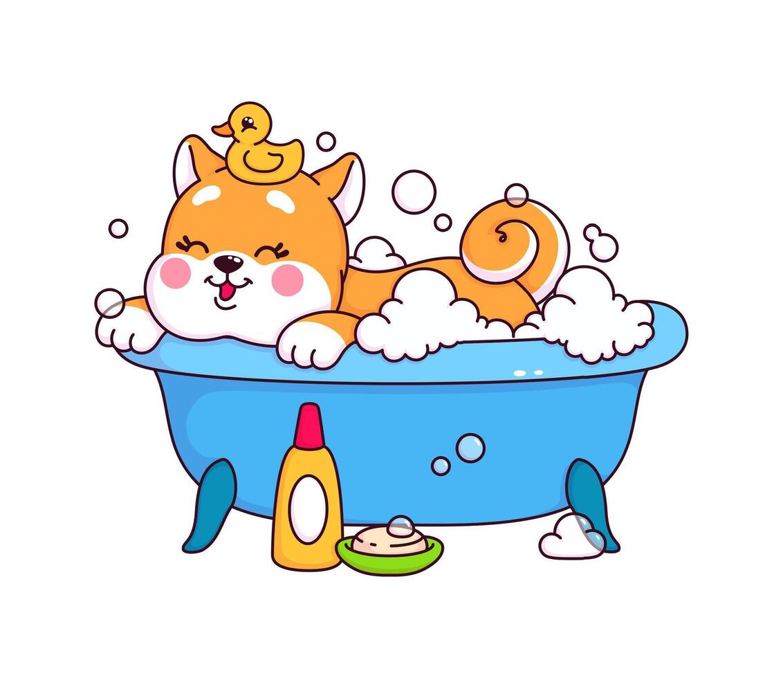 japonés kawaii shiba inu cachorro baños en el bañera vector