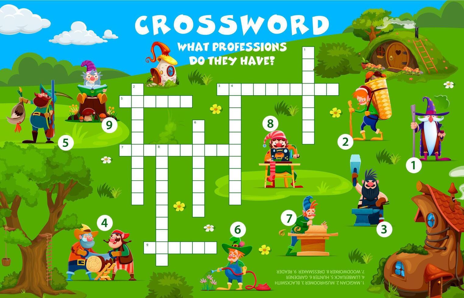 Crossword quiz game grid, cartoon garden gnomes vector