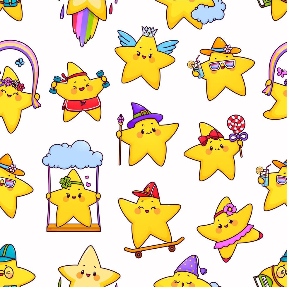 Cute kawaii stars and twinkles seamless pattern vector