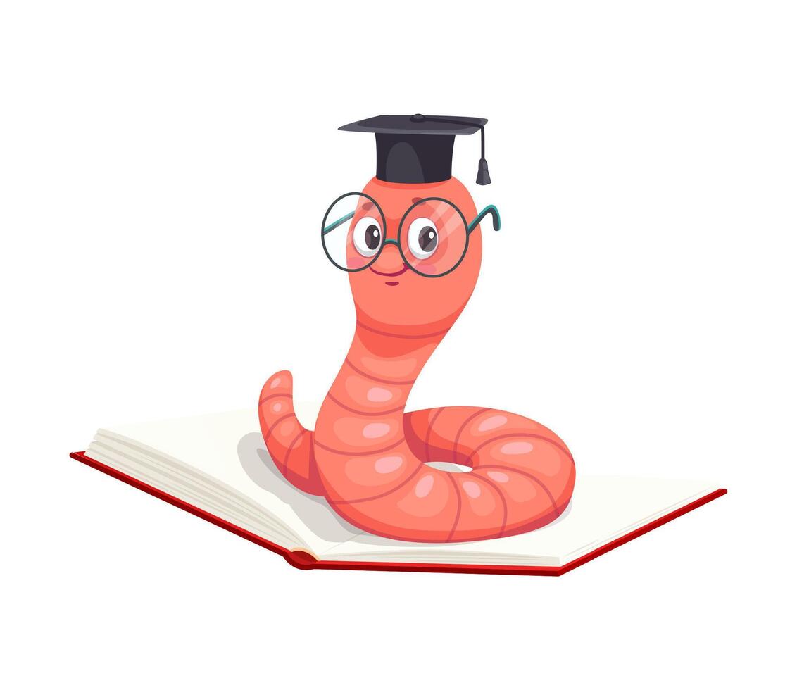 cartoon bookworm character in student academic cap vector