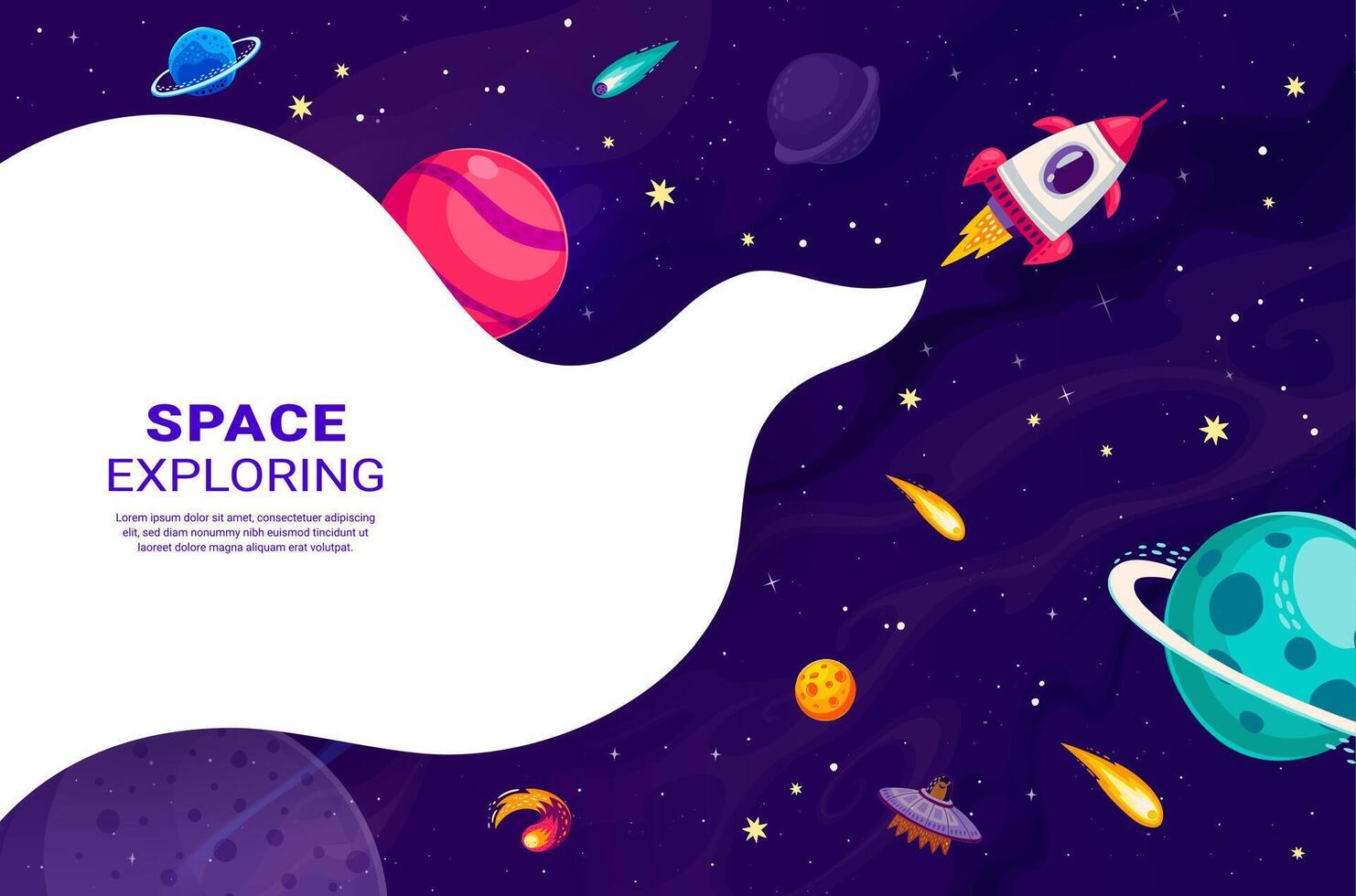 Cartoon space rocket in galaxy, stars and planets vector