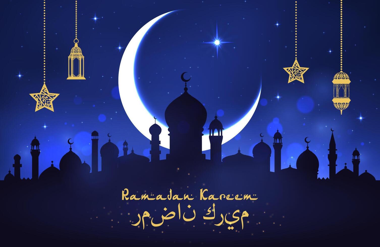 Crescent moon and arabian lanterns on night sky vector