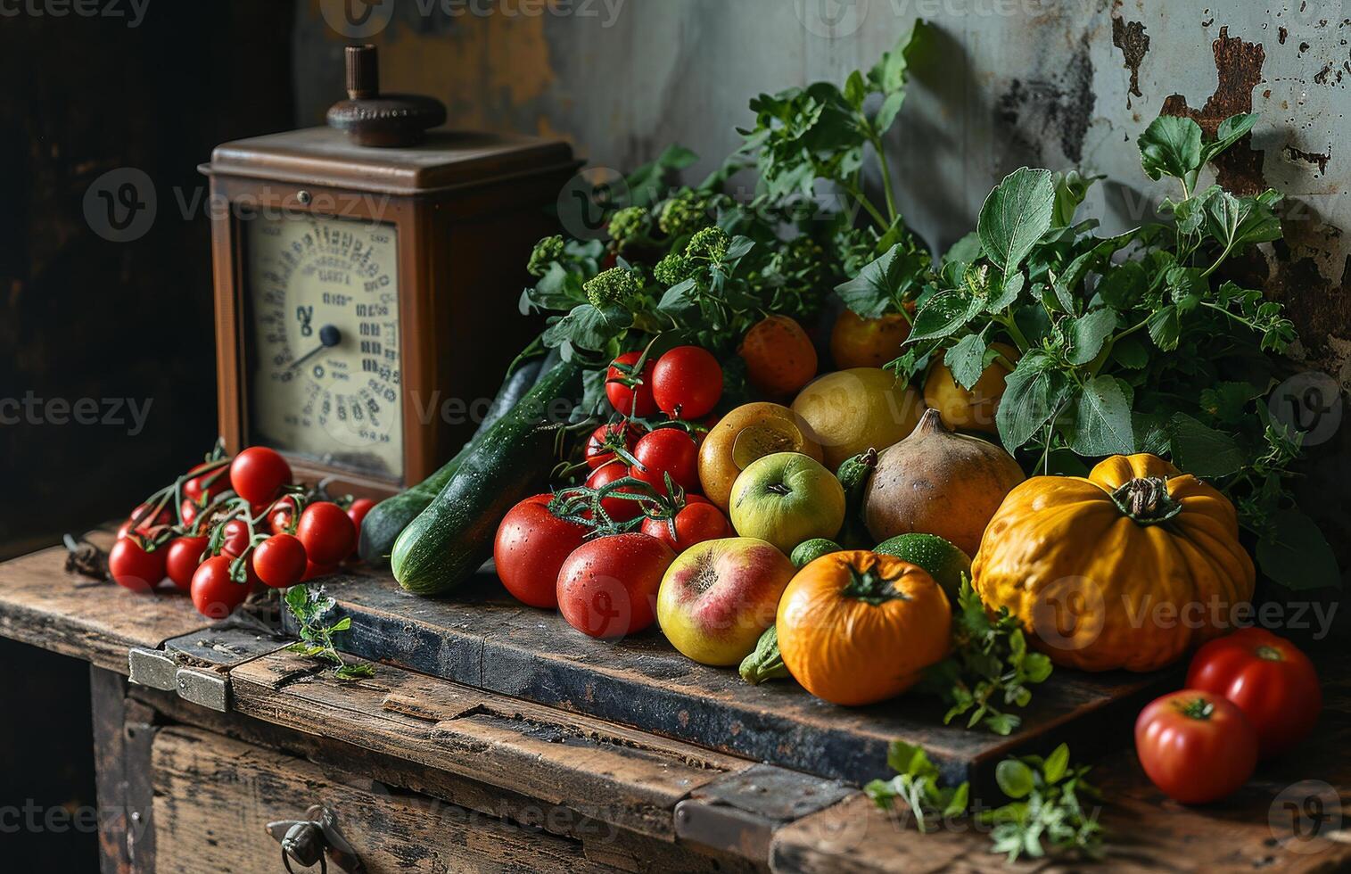 AI generated Fresh vegetables and fruits on wooden table with clock photo