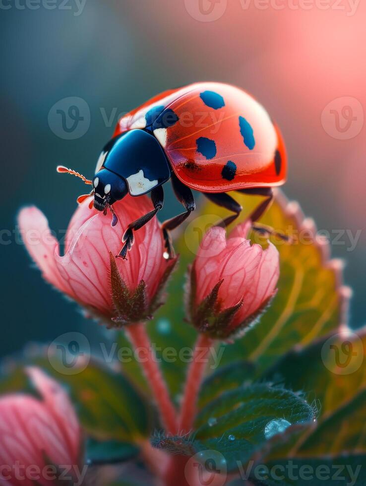 AI generated Ladybug on flower in the sunlight photo