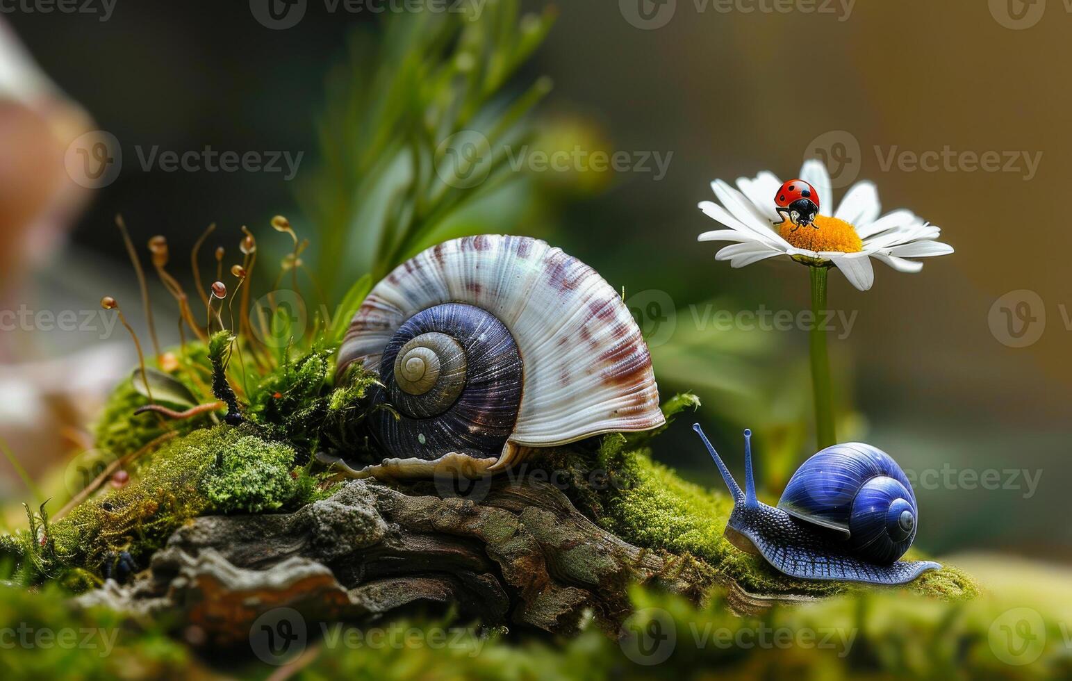 AI generated Snail and ladybug on log with daisy photo