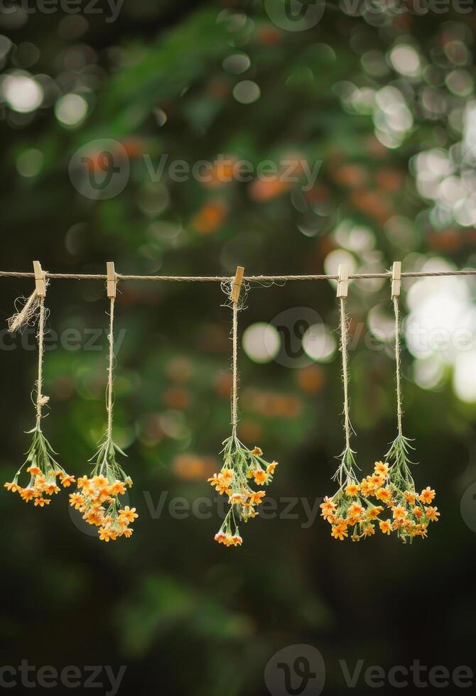 AI generated The flowers are hanging on the rope. A photo of small flowers hanging on line with wooden clip