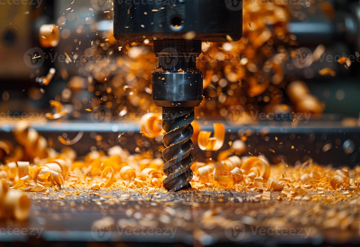 AI generated Drill is drilling hole in wood chips. A black drill bit is spinning and chiseling wood photo