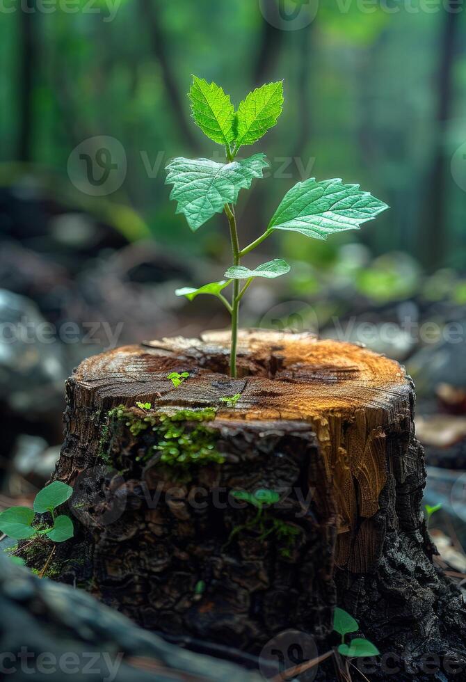 AI generated New life and renewal after deforestation and global warming small green plant grows from cut tree photo