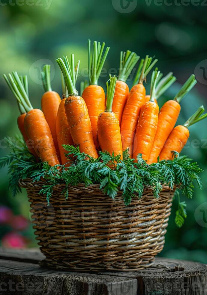 AI generated Fresh organic carrots in basket. A carrots in a basket beside a wood floor photo