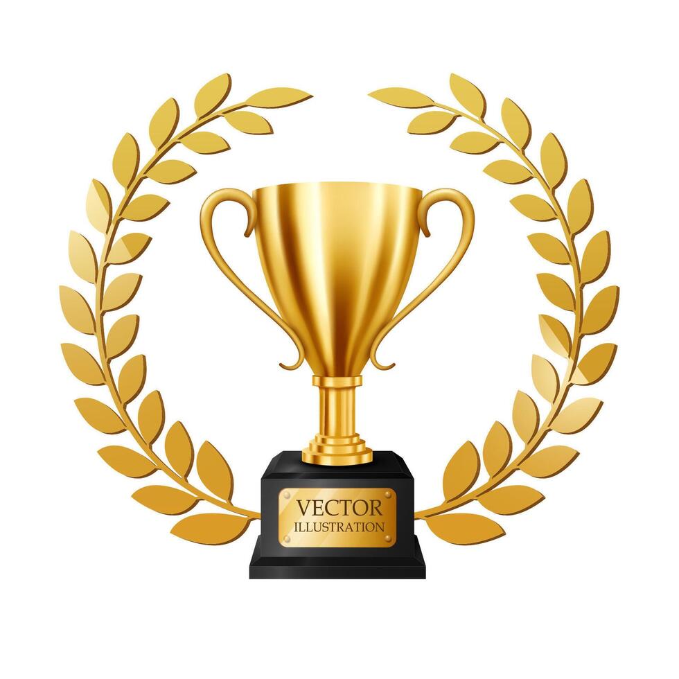 Realistic Golden Trophy with Gold Laurel Wreath, Isolated on White Background, Vector Illustration