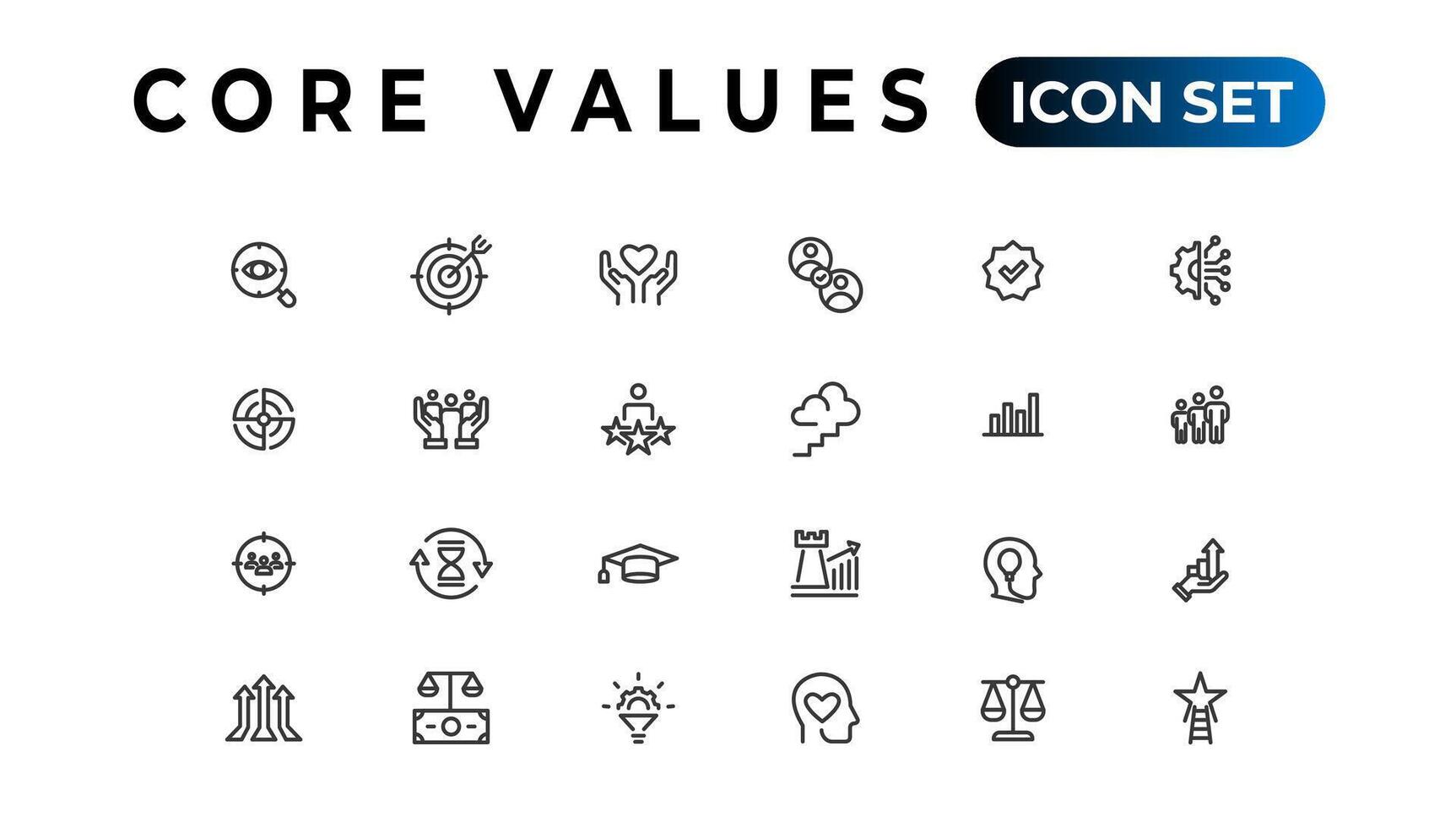 Core value icon banner collection. Containing innovation, goals, responsibility, integrity, customers, commitment, quality, teamwork, reliability and inclusion. Vector solid collection of icons