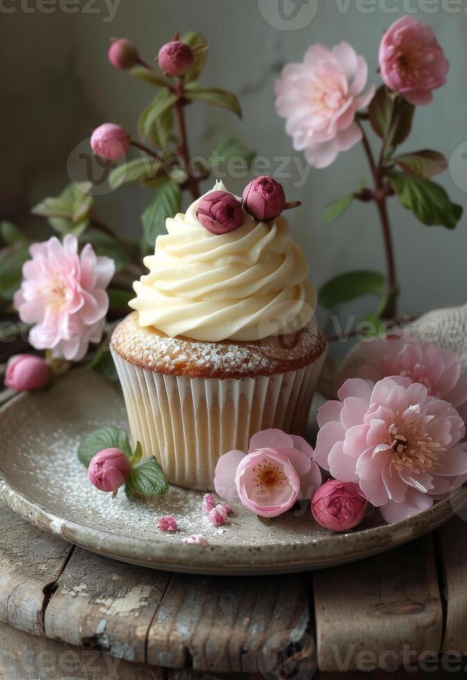 AI generated Cupcake with rose flowers and sugar powder on old wooden table. A small cupcake sits beside some tea and flowers photo