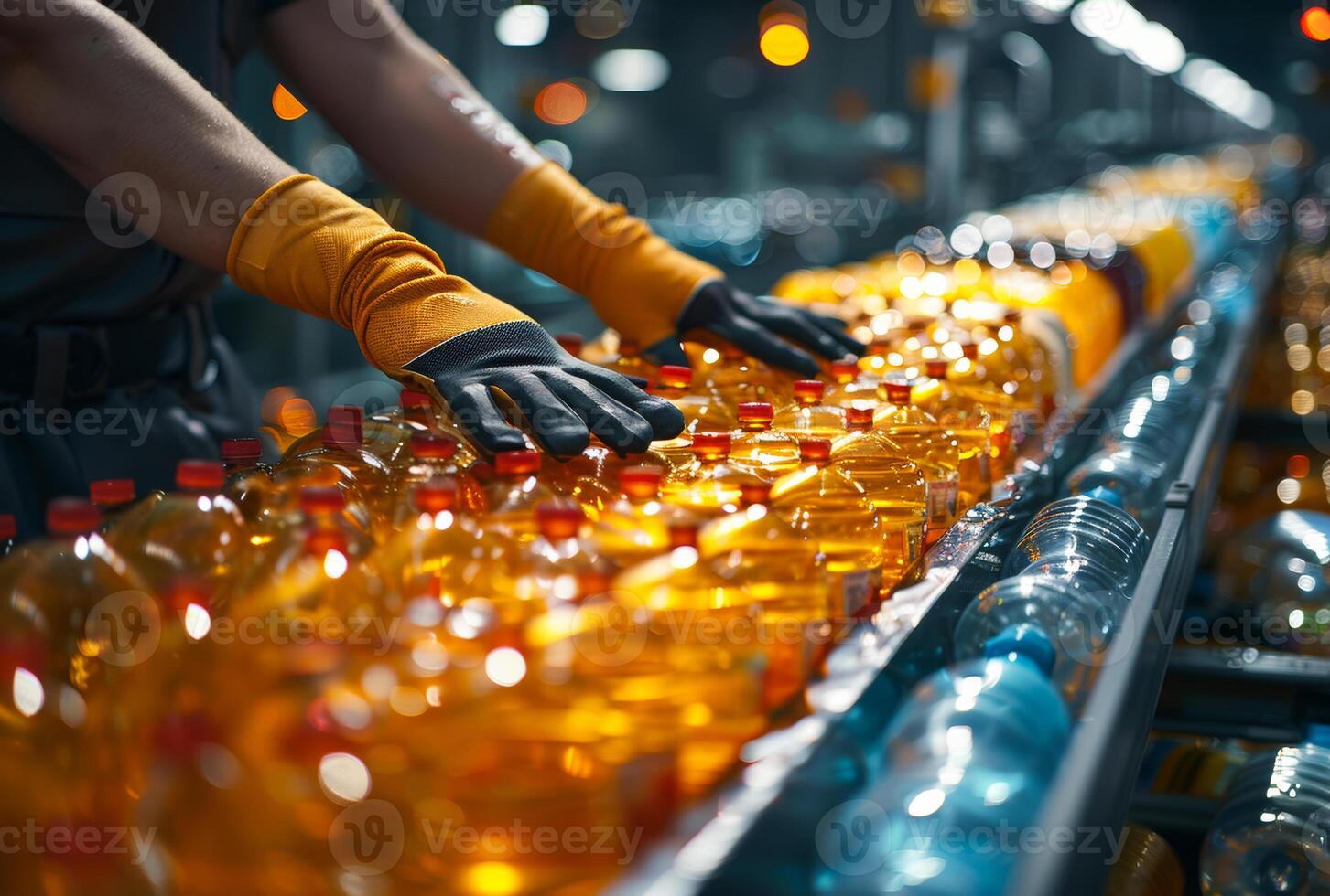 AI generated Worker in gloves on factory conveyor close up. photo