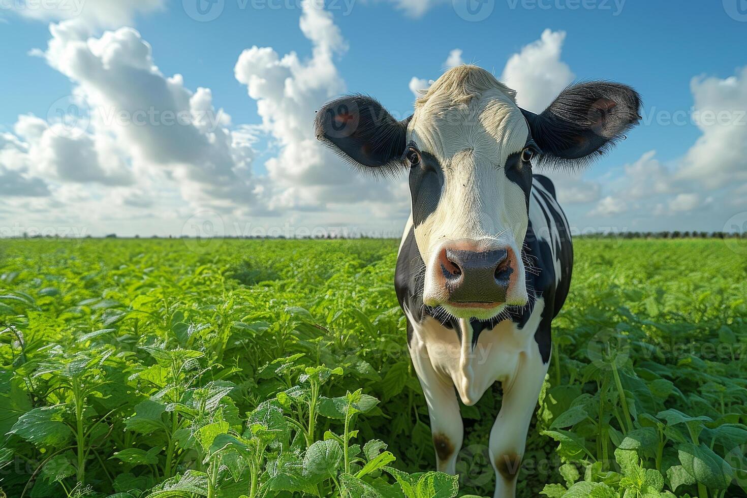 AI generated Black and white cow stands in green field with blue sky and clouds in the background. photo